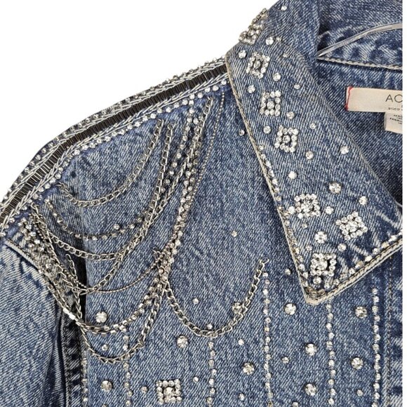 Alice + Olivia Embellished Denim Jean Jacket Crystals & Chains RARE Size M - Picture 5 of 15